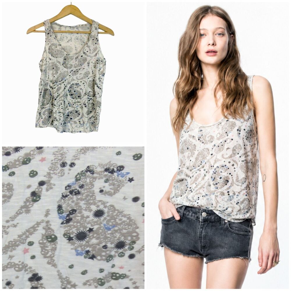 Zadig & Voltaire Tank Top Womens S Skull Paisley Stars Sheer Rocker Y2K